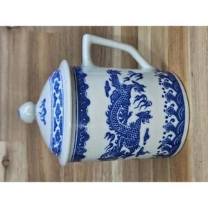 Vintage Blue & White Dragon Lidded Mug 5.5 in Jingdezhen Chinese Export